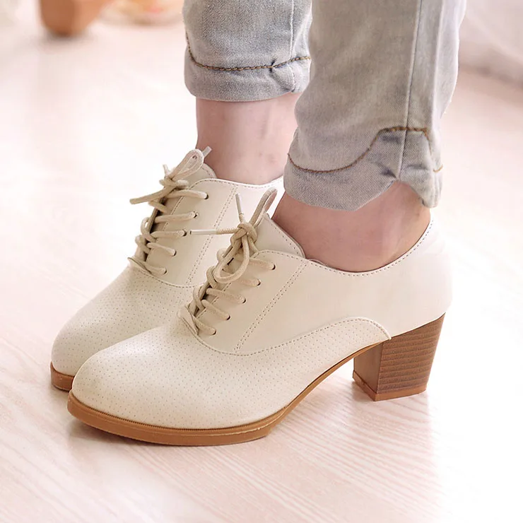 new 2016 women pumps square heels fashion lace up  women shoes comfortable high heels quality rubber women casual shoes ALF210