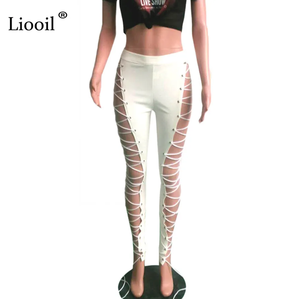 Liooil, сексуальные, Клубные, черные, белые, с высокой талией, на шнуровке, кожаные, длинные штаны, для женщин, выдалбливают, на шнуровке, на молнии, женские, вечерние, брюки