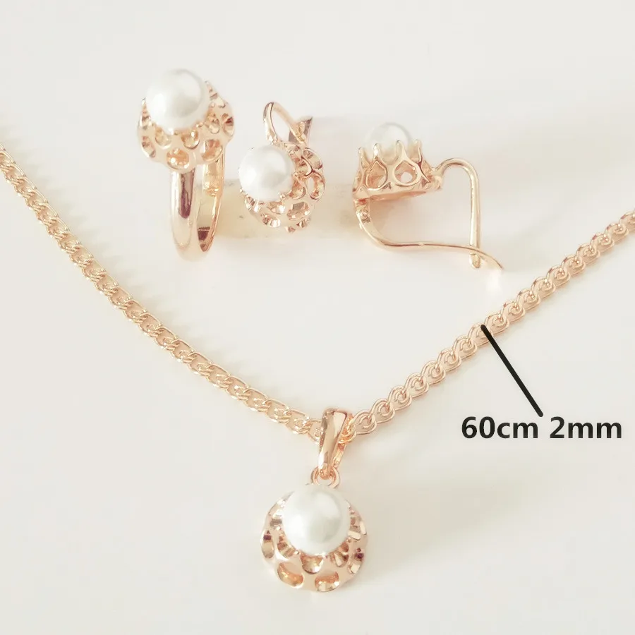 set with 60cm chain Новинка, ювелирный набор из розового золота с жемчугом, модные свадебные ювелирные изделия для женщин, 585 Ювелирная серьга из золота+ кольцо+ ожерелье, комплекты ювелирных изделий с жемчугом - Окраска металла: set with 60cm chain