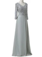 2022 sliver lace mother of the bride groom plus size with long sleeves sequin v neck chiffon ruched formal evening gowns
