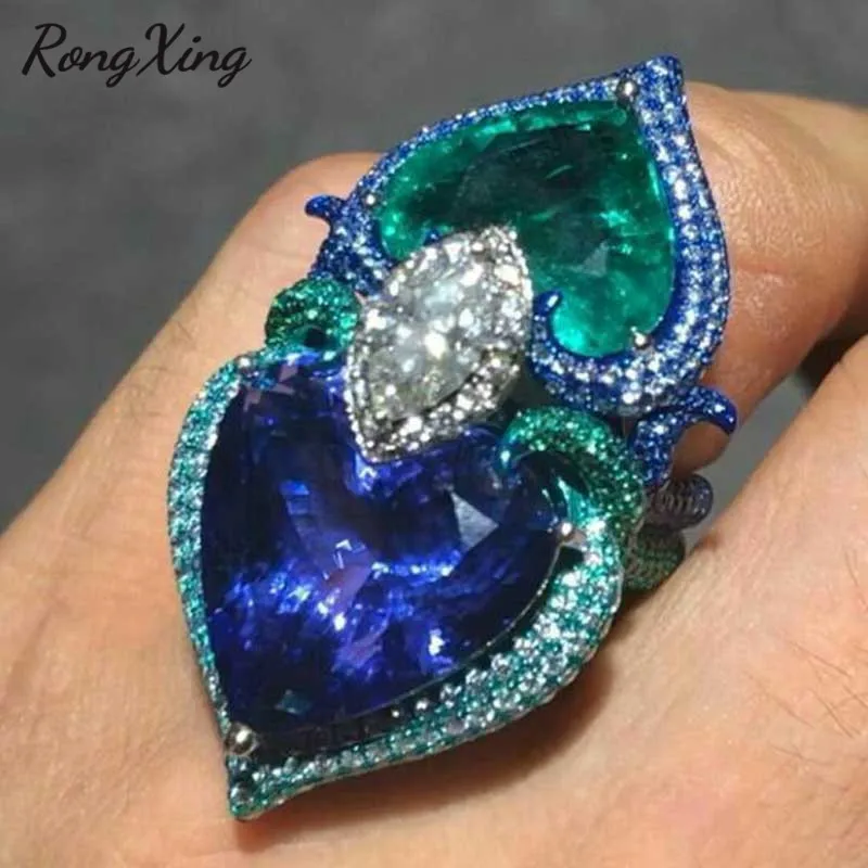 Женское кольцо с двойным сердцем RongXing серебряное камнем на день рождения крупным