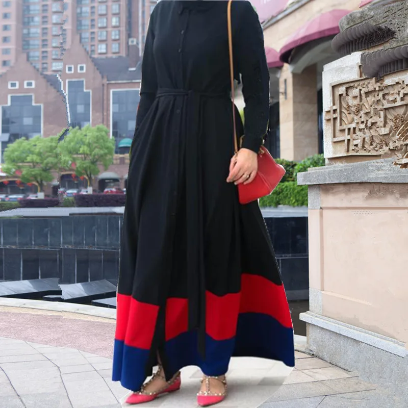Женское платье с длинным рукавом Abaya черное в стиле пэчворк мусульманский кафтан