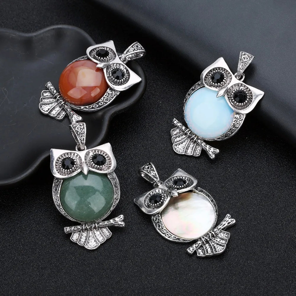 

LOULEUR 4 Colors Vintage Owl Ethnic Rhinestone Shell Charm Pendants for Women Men Jewelry Findings Making