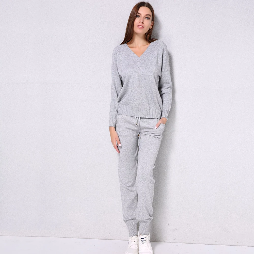 Женский спортивный костюм из 2 предметов вязаный свитер с V образным вырезом