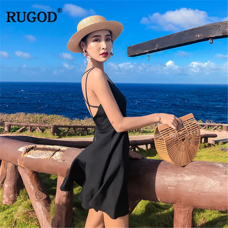 Женское платье на бретельках RUGOD черное пляжное мини-платье с открытой спиной и