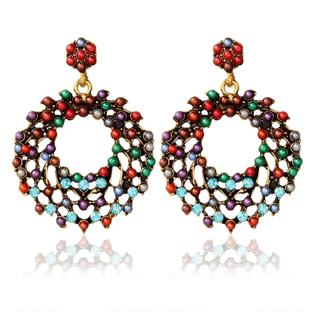 Fashion Women Colorful Bohemia Luxury Romantic Retro Gorgeous Elegant Hollow Brilliant Rhinestone Round Beads Earrings 1 Pair | Украшения и