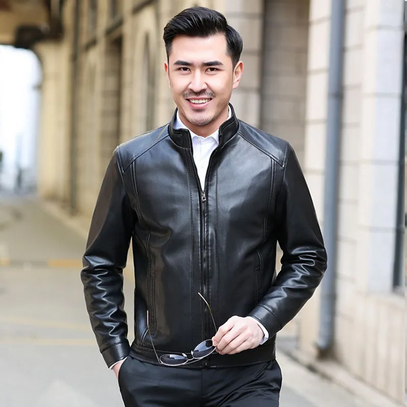 Spring Autumn Motorcycle Leather Jacket Men Slim Fite Zipper PU Men's Jackets Stand Collar | Мужская одежда