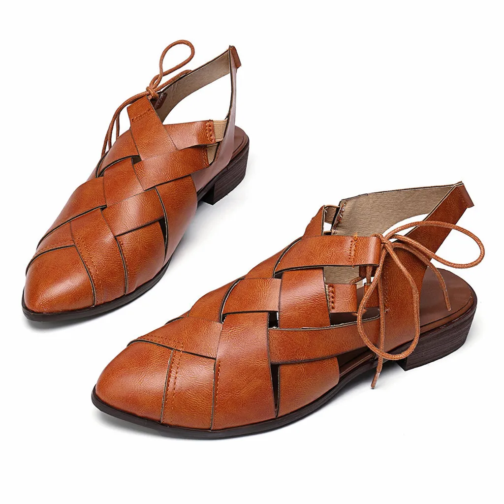 Летние босоножки женская обувь с острым носком на низком каблуке ремешками в