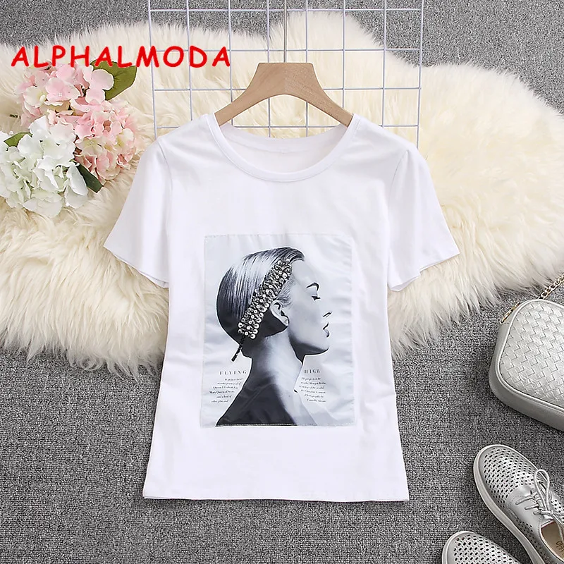 Женская футболка с блестками ALPHALMODA белая или черная коротким рукавом и