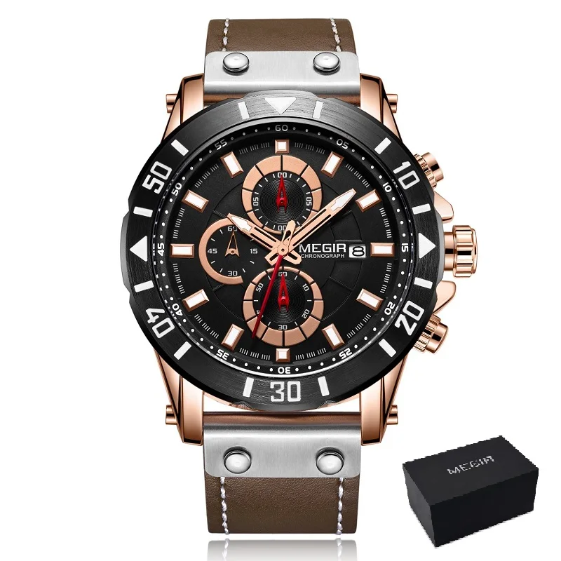 ROSE GOLD PLUS Мужские кварцевые часы Megir с хронографом и кожаным ремешком, армейские спортивные наручные часы для мужчин, водонепроницаемые часы Relogios Masculino, синий цвет, 2081 - Цвет: ROSE GOLD PLUS