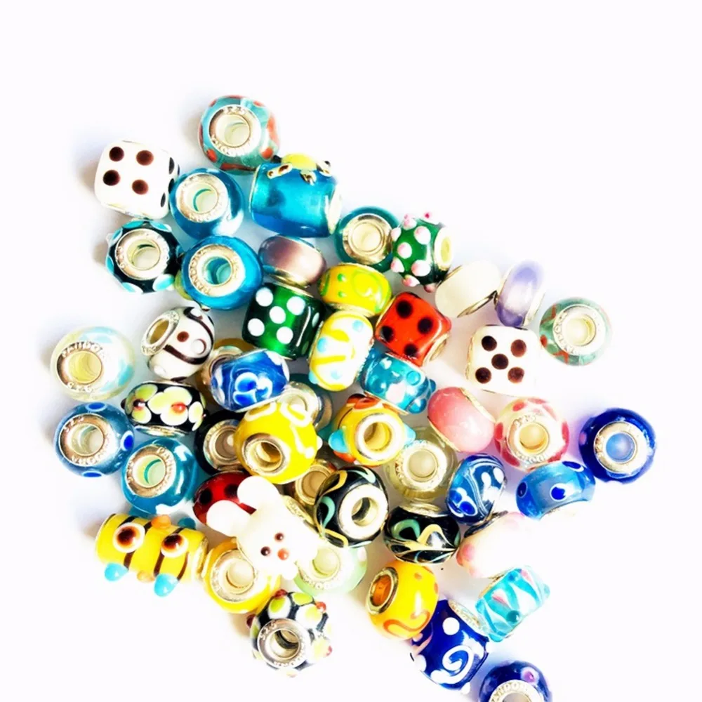 50pcs/pack DIY Round Square Big Hole Glass Bead Colorful With Wave Circle Ripple Point Pattern Jewelry Accessories For Bracelet | Украшения