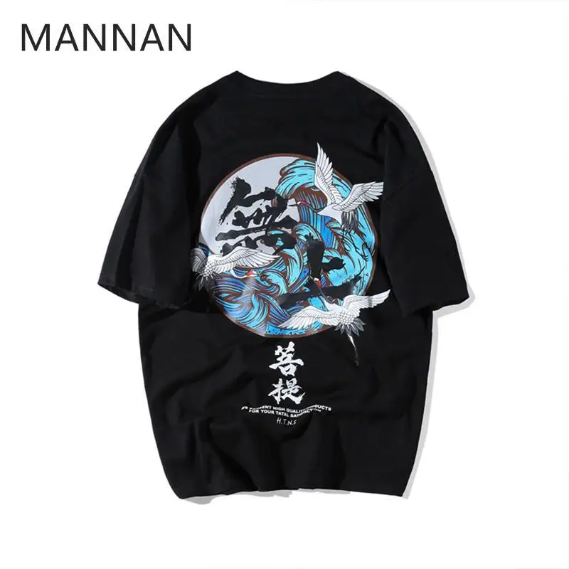 MANNAN Японская уличная одежда Ukiyo E футболки Летние китайские мужские женские футболки винтажные футболки camiseta - Цвет: Черный