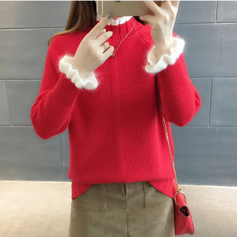 Women Sweaters Pullovers 2019 Autumn Winter Ruffles Sleeve Turtleneck Tops Knitwear Pull Femme Casual Woman Sweater Pullover | Женская