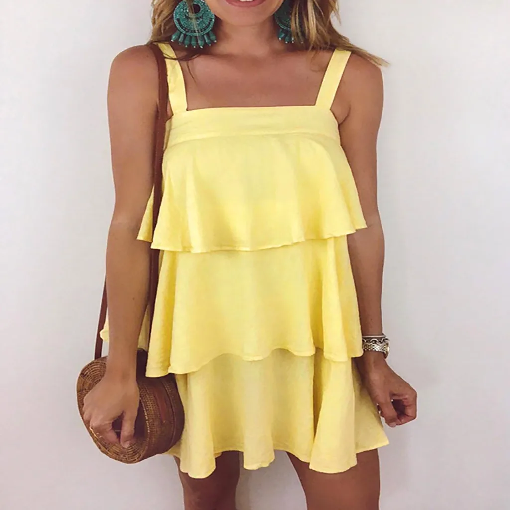 Женское летнее Повседневное платье без рукавов однотонный Топик с оборкой Boho