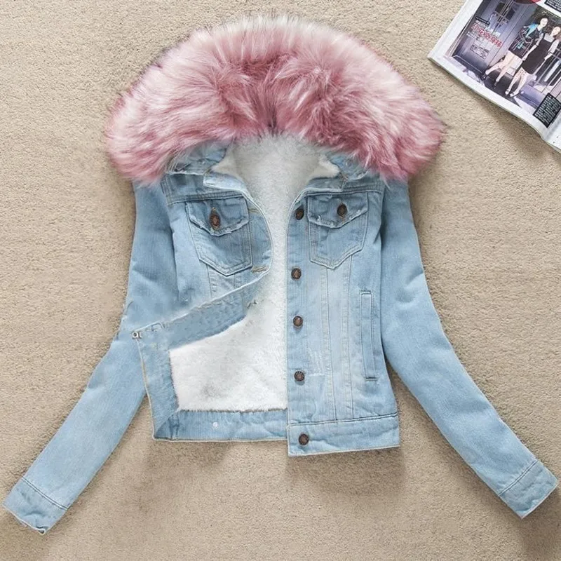 - pink - removable Джинсовые куртки с меховым воротником и капюшоном, теплая парка, зимняя куртка для женщин, мех ягненка, ПОДБИТАЯ Джинсовая Верхняя одежда для женщин, плюс бархатное пальто ZO012 - Цвет: - pink - removable