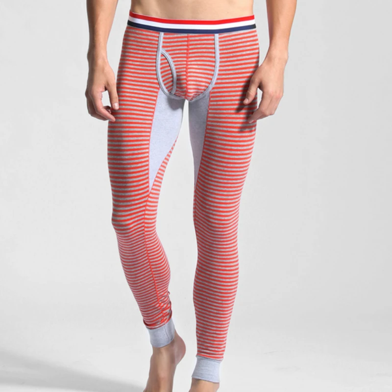 Зимнее осеннее мужское хлопковое термобелье полосатые кальсоны теплые