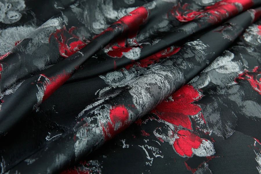 Модная ткань от кутюр черный серый и красный Абстрактный Цветочный Жаккард для