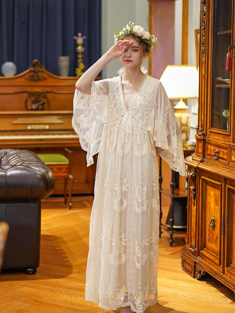 Spring Summer Women Elegant Casual Loose Exquisite Embroidery Lace Rice White Maxi Dress Vintage Mori Girls Long Mesh Dresses