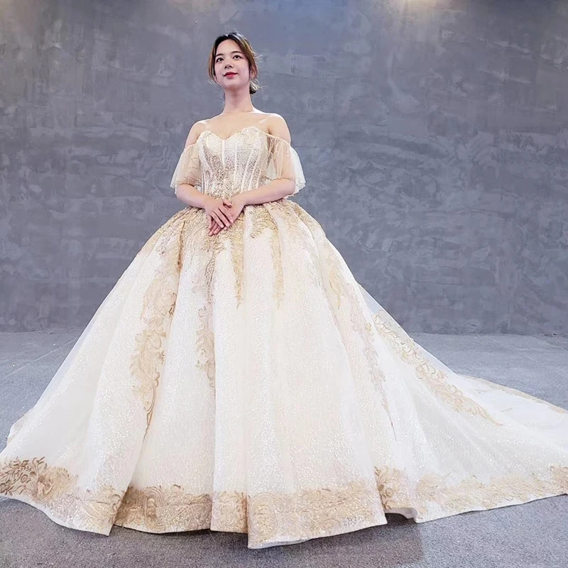 HTL535 off the shoulder wedding dresses with train sweetheart champagne lace bride dress real price vestido de noiva pluz size | Свадьбы и