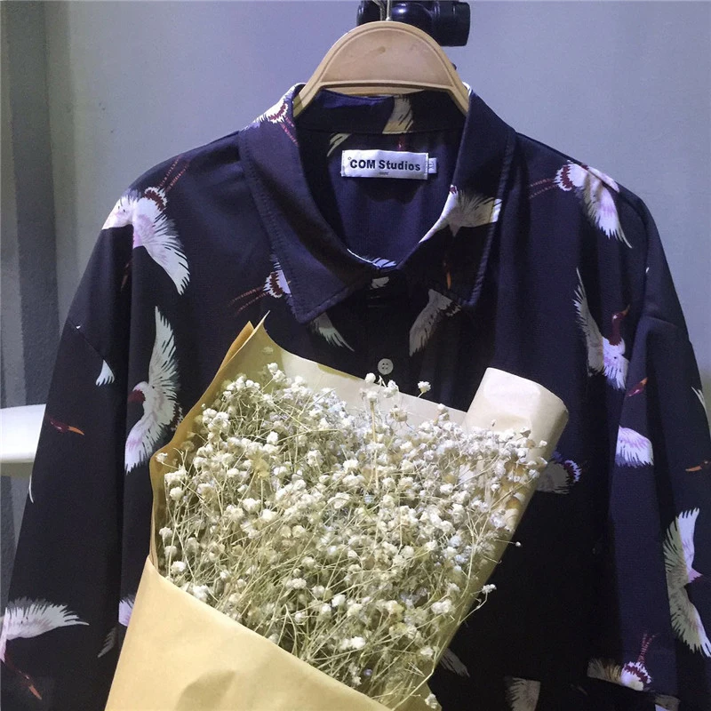 Женская летняя Новинка Harajuku BF ветер ретро рисунок с птицами свободный отворот