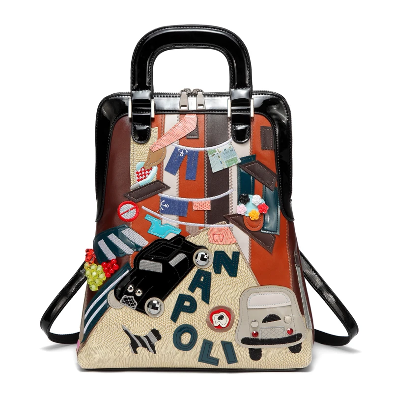 QIAN YI YUAN Brand package Fashion Backpacks PU Softback Women Patchwork Double shoulder Embroidery Famous The designer's bag | Багаж и