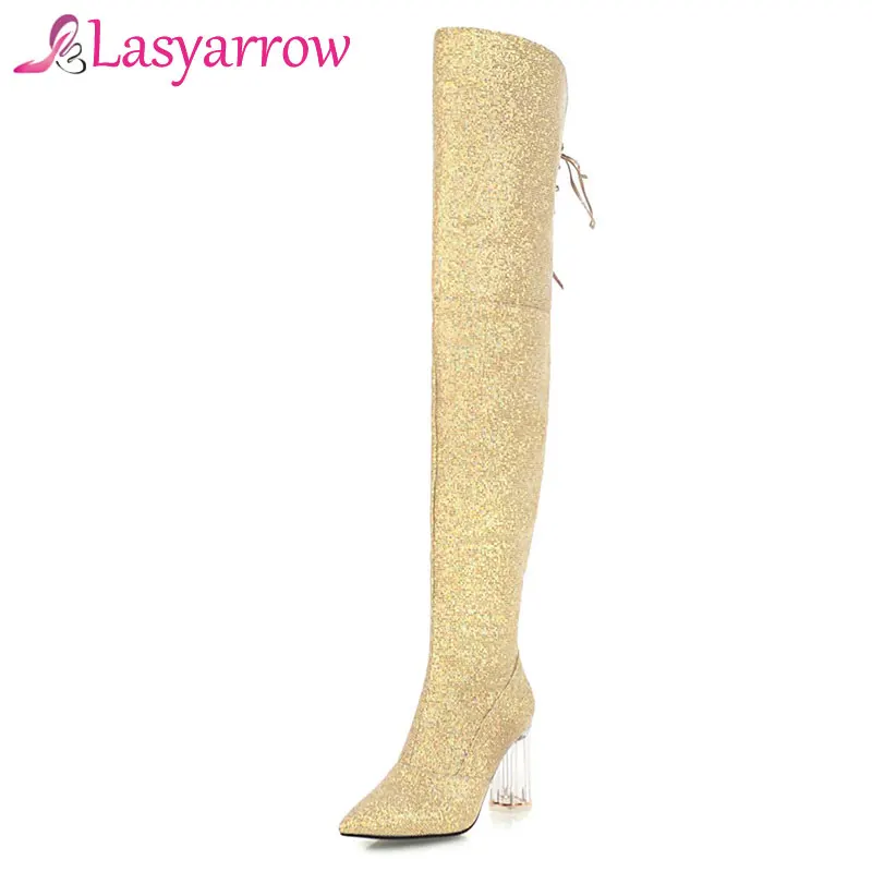 Lasyarrow Over the Knee Boots for Women Shoes Pointed Toe Lace Up High Heels Long Thigh Black Sexy Gold Silver F326 | Обувь