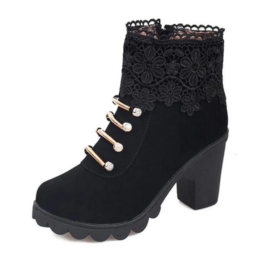 Brown Women Boots Ankle High Heels Thick Bottom Shoes New British Style Lace Rhinestone PU Woman | Обувь