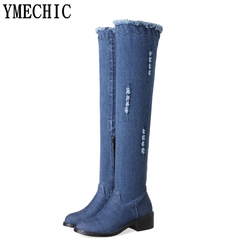 Женские длинные джинсовые сапоги YMECHIC выше колена с дырками на каблуке синие