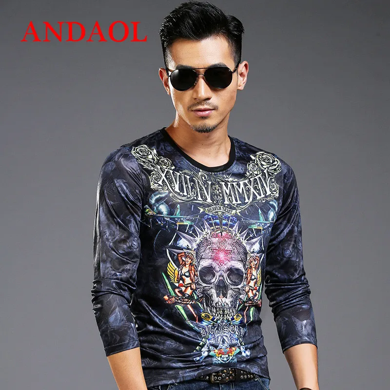 

ANDAOL Men's O-Neck Slim Print Color Long-sleeve T-shirts Top Quality Muscle Basic Blouse Tshirts New Luxury Print Tops Shirt