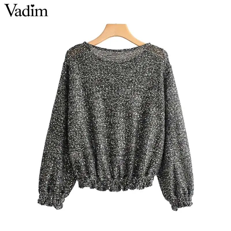 Vadim women loose sequined knitted sweaters see through pleated lantern sleeve stretchy pullovers female casual solid tops HA380 | Женская