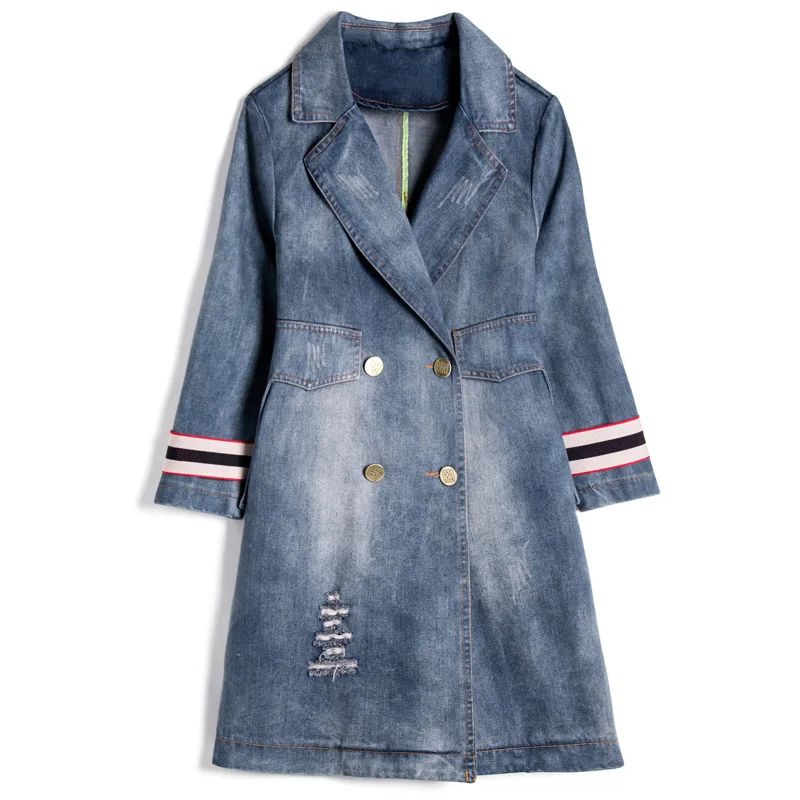 Тренчкот женский джинсовый двубортный уличная одежда с синими дырками длинная