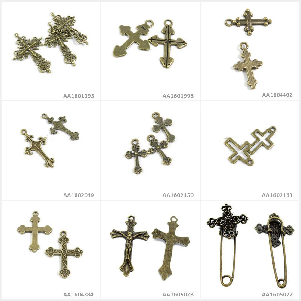 Antique Bronze Tone Jewelry Charms Cross Safety Pins Brooch Jesus Latin Crown Bracelet Pendant Necklace Beading Craft Making | Украшения и