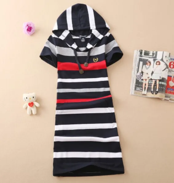 dark blue Baharcelin 2XL 3XL Вышивка повседневные платья с капюшоном De Festa футболка Femme летние топы одежда платье в полоску Ete Vestidos - Цвет: dark blue