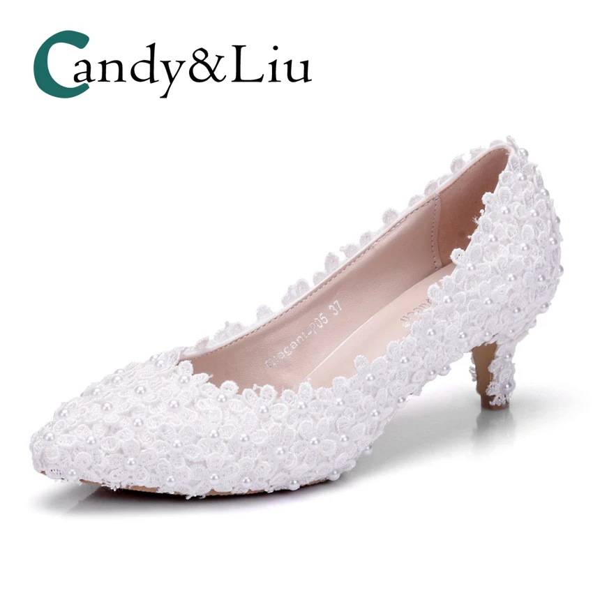 

White Lace Flower Wedding Shoes Appliques Pearl Beaded Chunky Heel Pointed Toe Women Pumps Slip-on Boat Party Banquet Pregnant