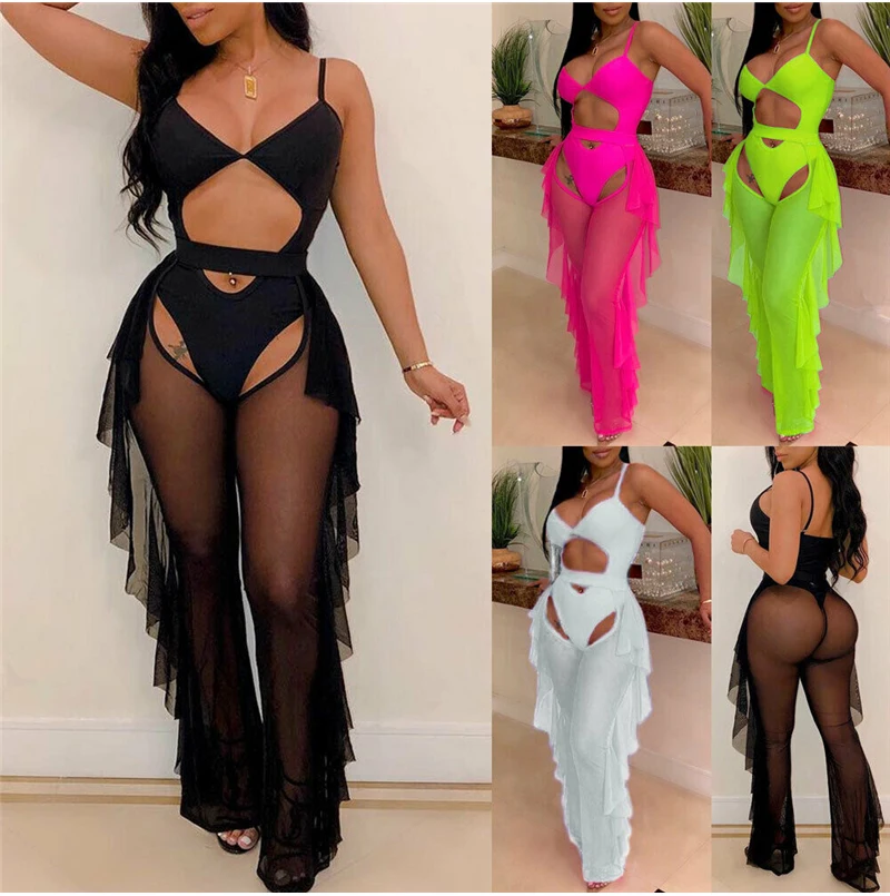 Women Sexy Mesh Bikini Cover up Sheer Bandage Cover Up hollow out Beach Pants See through Ruffles Ladies High waist Beachwear