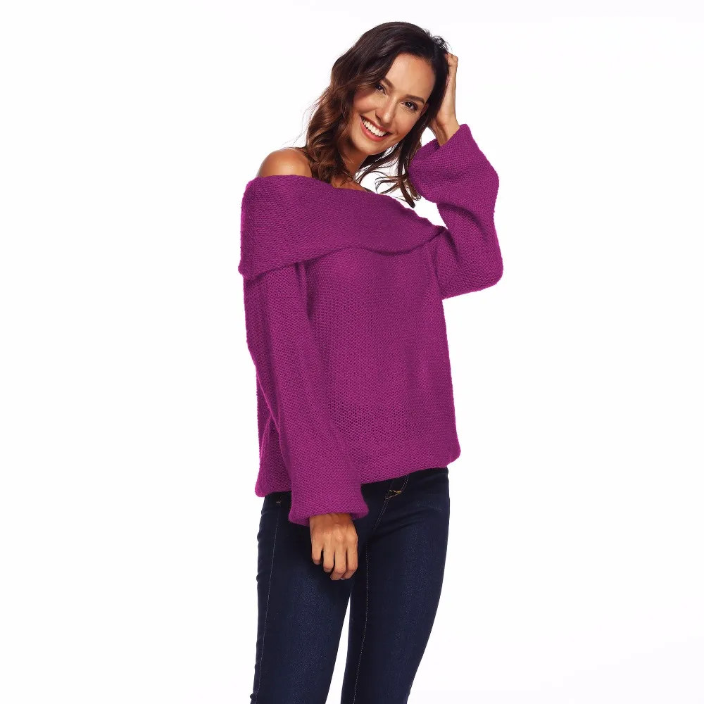 Ladies 2018 Autumn Hot New Sweater Long Sleeve Sexy Slash Neck Knit Loose Solid Pullovers Fashion | Женская одежда