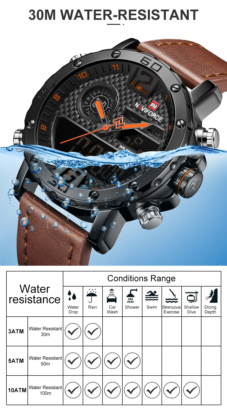 NAVIFORCE мужские часы Топ люксовый бренд мужские кожаные спортивные часы мужские кварцевые светодиодный цифровые часы водонепроницаемые военные наручные часы