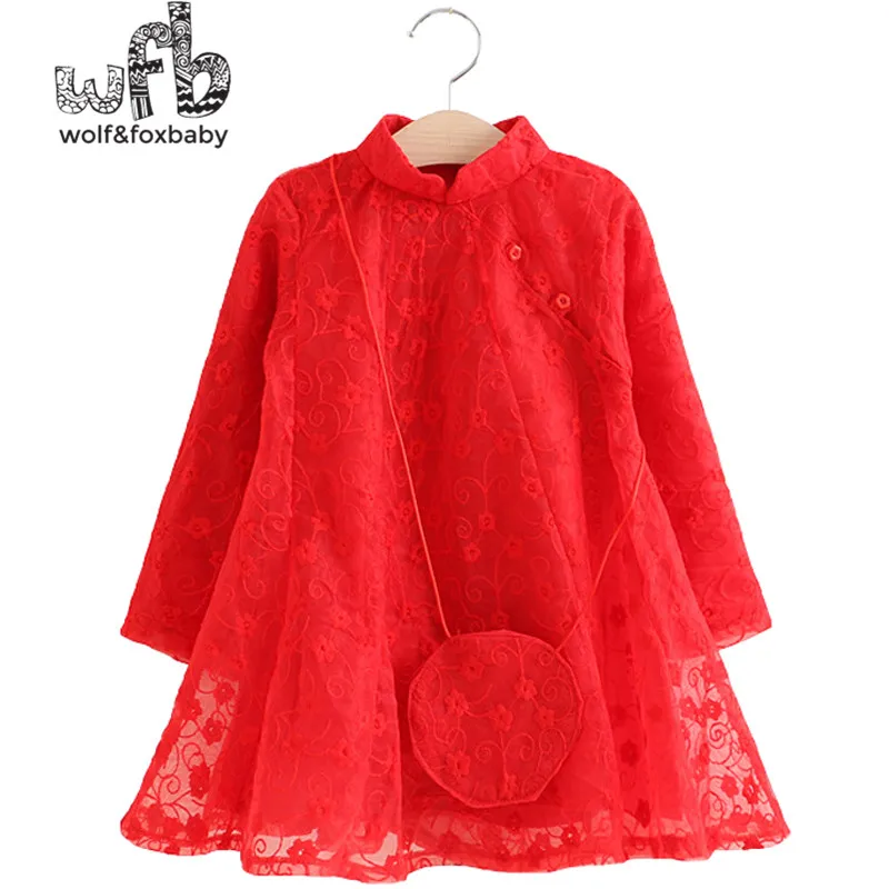 

Retail 3-10 years lace dress + bag national wind girl spring fall autumn