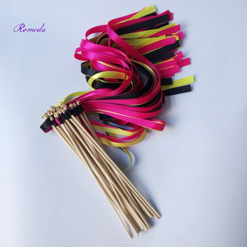 

50pcs/lot fushia black and yellow Wedding ribbon Wands stick Streamers with gold Bells for wedding party