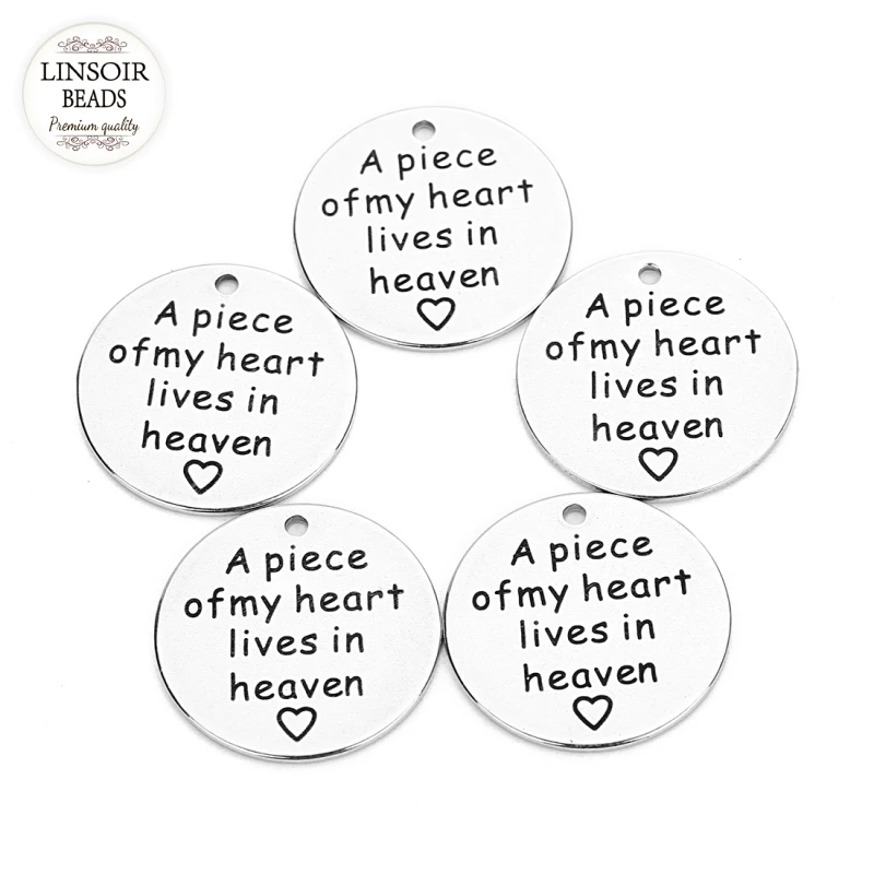 

Linsoir 5pcs/lot letters Stainless Steel Pendent Charm A piece of my heart lives in heaven For DIY Jewelry Making 20mm
