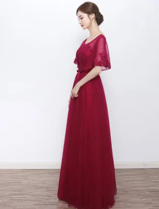 Robe De Soriee Новое лиловое платье подружки невесты платья фиолетовые Длинные Короткие рукава аппликации кружева элегантные невесты Формальное свадебное платье - Цвет: wine red