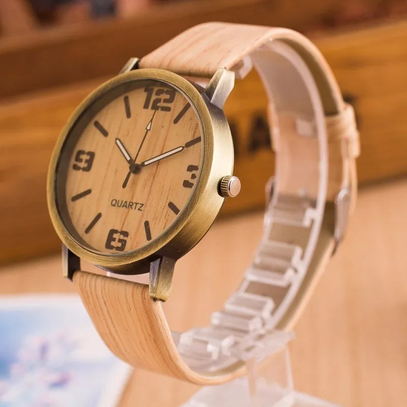 Low price New Fashion Simulation Grain Wooden Watches for Men Women Quartz Watch Faux Leather Unisex Casual Wristwatches | Наручные часы