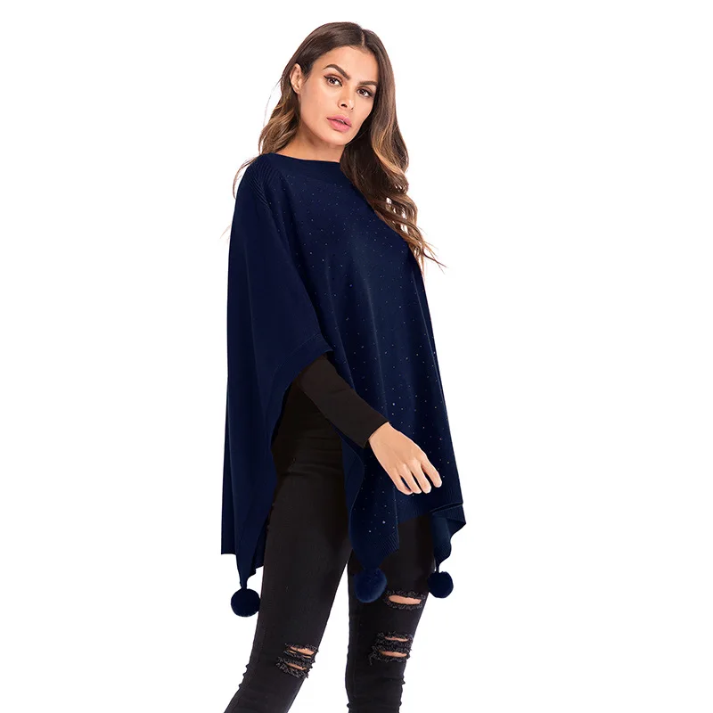 2019 Spring Women Ponchoes Capes Sweaters Casual Three Quarter Batwing Sleeve Pullovers Knitted Furry Ball Solid Sweater |