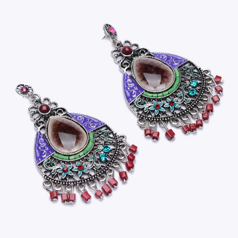 Kemstone Ethnic Bohemia Alloy Water Drop Hollow-out Green/Brown Rhinestone Dangle Earrings Jewelry Gift For Ladies | Украшения и