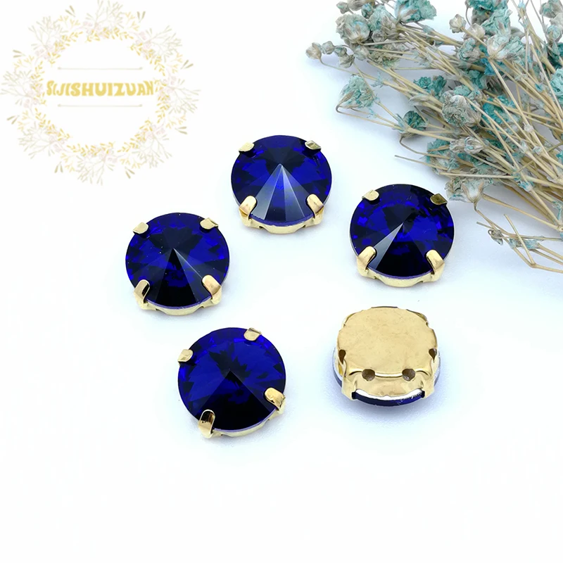 New product Satellite Sapphire blue Crystal Glass Sewing Rhinestones with gold Claw DIY Wedding Dresses | Дом и сад