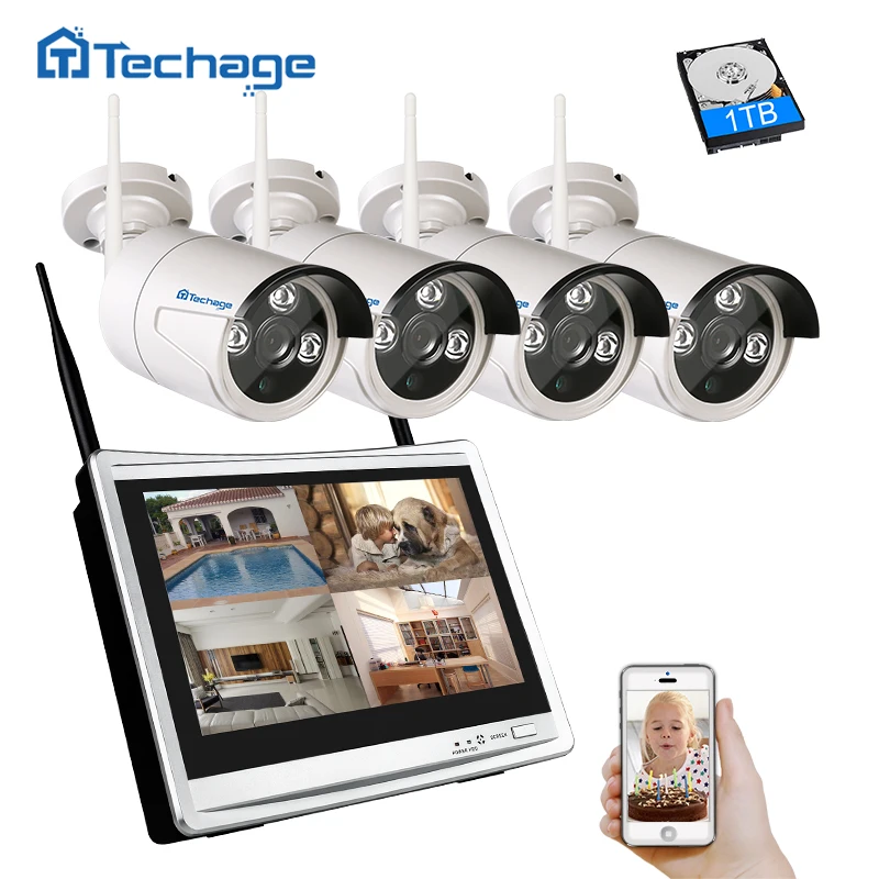 Techage 2 в 1 4ch 1080 P NVR 12 дюймов ЖК дисплей Экран Мониторы 960 Беспроводной CCTV Системы 1.3mp