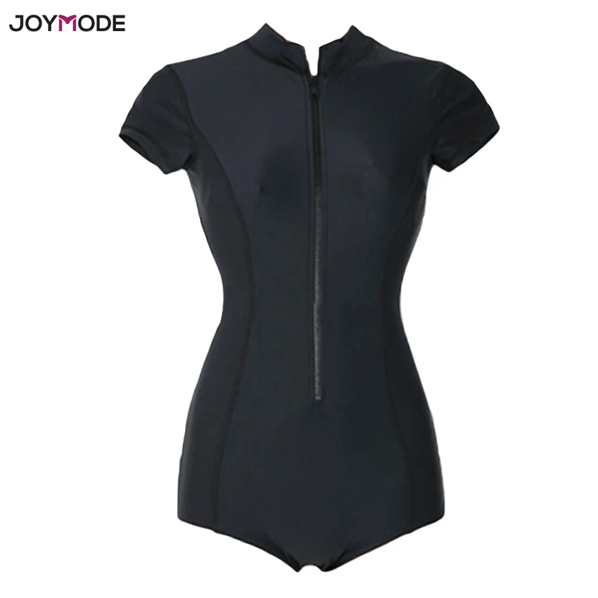 JOYMODE с короткими рукавами Для женщин черные купальники Одна деталь купальник на