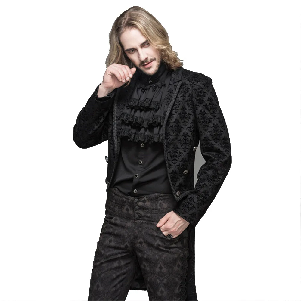 

Punk Men Cotton Prom Jackets Palace Printing Black Formal Tuxedo Coats Open Stitch Back Long Jackets Costumes