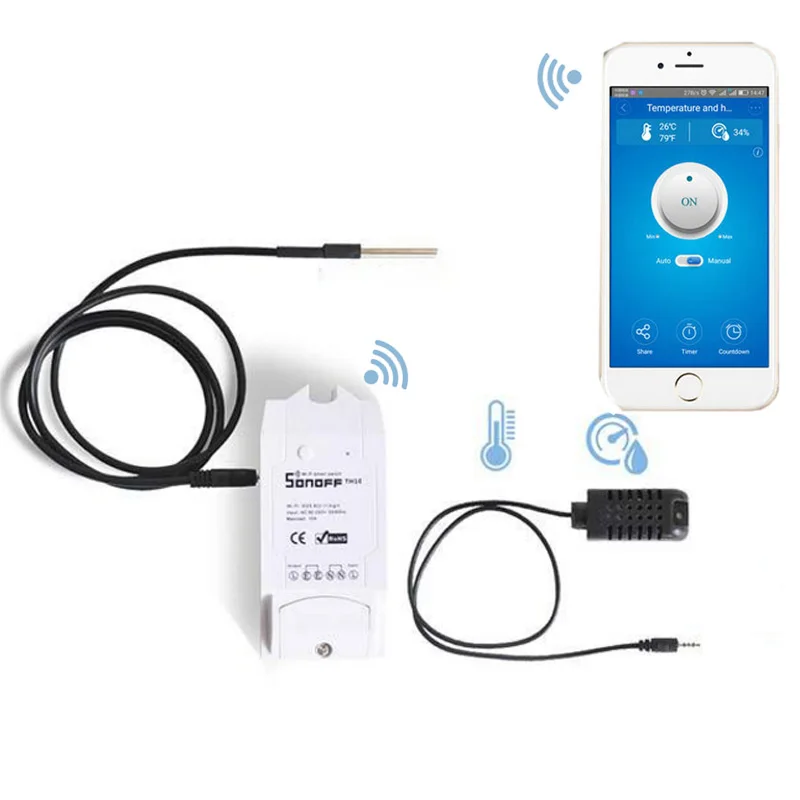 Умный wifi переключатель Sonoff TH 10A/16A с датчиком температуры/водонепроницаемый