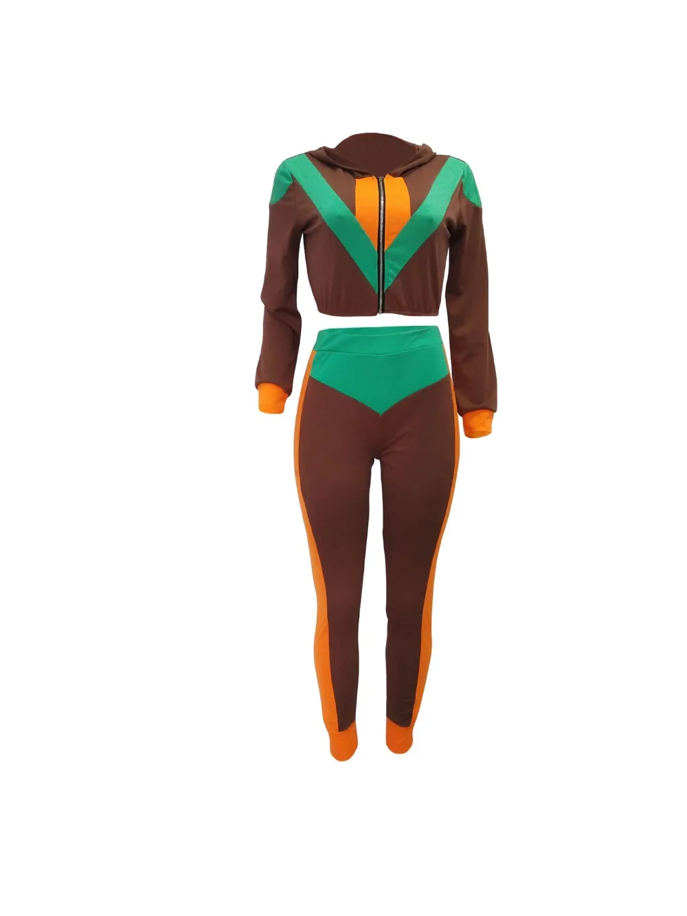 

Color Block Patchwork Women Set Casual Long Sleeve Zipper Front Hooded Crop Top With Pant Tracksuit Sport Set Women Suit Female